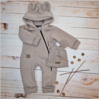 Oteplený dětský overal bez šlapek s kapucí + čepička, 2D, Kazum, cappuccino; 56 (1-2m)