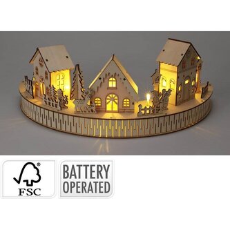 Vánoční dekorace s LED osvětlením 20 cm dřevěná vesnička hnědá KO-AX5350270