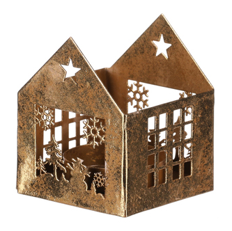 Svícen kovový - tvar domečku, menší vel., barva zlatá.