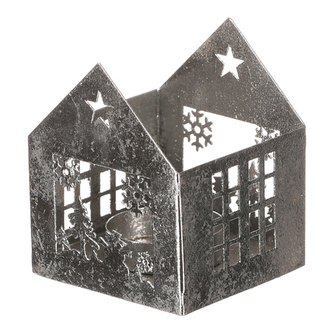 Svícen kovový - tvar domečku, větší vel., barva stříbrná.