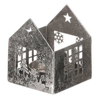 Svícen kovový - tvar domečku, menší vel., barva stříbrná.