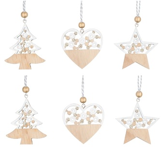 Ozdoba dřevěná na zavěšení se zlatými glitry 6 cm, 6 ks