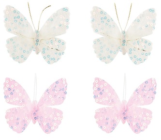 Motýlek s flitry a peřím, s lepíkem 6 cm, 4 ks