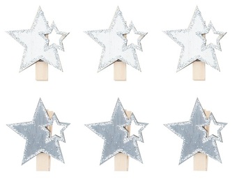 Hvězda dřevěná se stříbrnými glitry na kolíčku 4 cm šedá a bílá, 6 ks