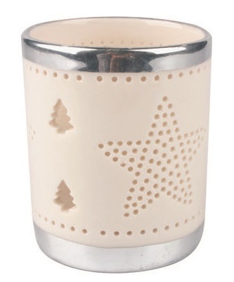 Svícen porcelánový bílý se stříbrným lemem s hvězdou 8,2 cm
