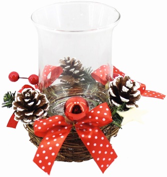 Svícen se skleněnou nádobou s červenou puntíkovanou mašlí 25 cm