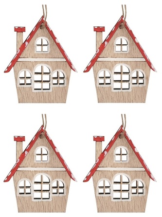Dřevěné domečky na zavěšení červené 5 x 6 cm, 4 ks
