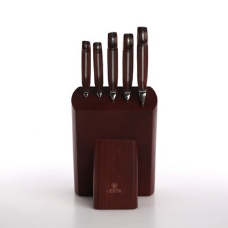 GERPOL SADA NOŽŮ V BLOKU 5-DÍLNÁ SLOŽENÍ: 1X NŮŽ ŠÉF-KUCHAŘE 20.3CM 1X NŮŽ NA CHLÉB 20.3CM 1X NŮŽ NA MASO 14.7CM 1X NŮŽ UNIVERZÁLNÍ 12.2CM 1X NŮŽ NA ZELENINU 8.9CM 1X DŘEVĚNÝ BLOK
