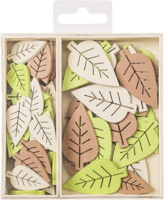 Dřevěné ozdoby v boxu 54ks - lístky - 2 velikosti, rozměr motivů: 3 cm, 4,5 cm.