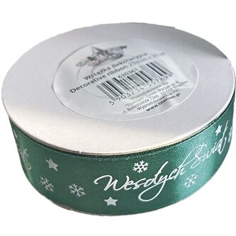 Wstążka satynowa Wesołych Świąt 25mm zielona