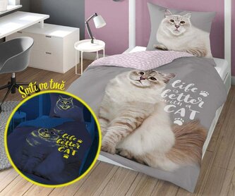 DETEXPOL Povlečení Kočka life svítící  Bavlna, 140/200, 70/80 cm