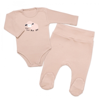 Žebrované kojenecké body + polodupačky Ovečka 2D, béžová; 68 (3-6m)