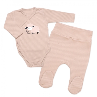 Zavinovací, žebrované kojenecké body + polodupačky Ovečka 2D, béžová; 56 (1-2m)