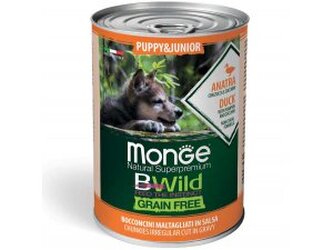 MONGE BWILD DOG Puppy Grain Free, Kachní kousky v omáčce s dýní a cuketou 400g