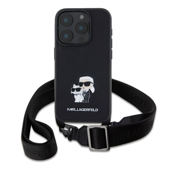 Karl Lagerfeld Saffiano Crossbody Popruh Metal Karl and Choupette Zadní Kryt pro iPhone 16 Pro Max Black