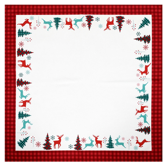 Ubrus bílý - vánoční, červené okraje, 100% polyester, 80 x 80 cm.