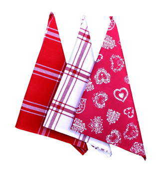 Utěrka bavlněná, Srdce 20437, komplet 3 ks, červená