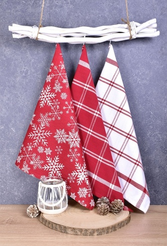 Utěrka bavlněná, Vánoční Vločky 1316, komplet 3 ks, červená