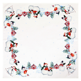Ubrus bílý - se sněhuláky, 100% polyester, 80 x 80 cm.