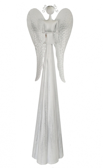 Plechový bílý anděl s kalíškem na svíčku 115 cm M