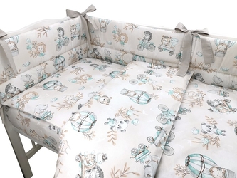 3-dílná sada Mantinel s povlečením - ZOO na cestách - mátová/cappuccino, 135x100cm; 135x100