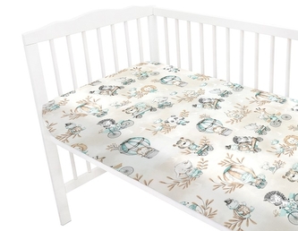 Dětské bavlněné prostěradlo do postýlky, ZOO na cestách - mátová/cappuccino; 120x60