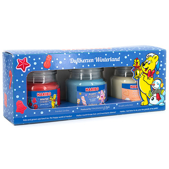 3er Set Duftkerze Haribo Winterland - WinterCherry, Fluffy C, 3er Set Duftkerze Haribo Winterland - WinterCherry, Fluffy Clouds, Vanilla Waffle Cream - 3 x 85g
