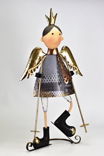 Plechový anděl na lyžích šedo-zlatý 49 cm