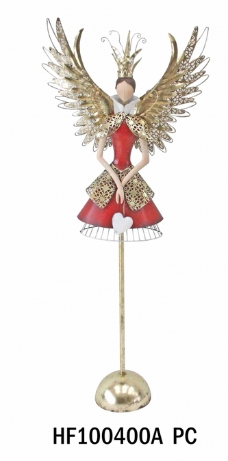 Plechový anděl na podstavci červeno-zlatý 104 cm