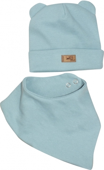 Dvouvrstvá žebrovaná čepička s oušky + šátek,  Lovely One, mořská modrá; 56/62 (0-3m)