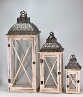 Dřevěná lucerna bílo-hnědá s patinou, sada 3 ks Dřevěná lucerna bílo-hnědá s patinou, sada 3 ks