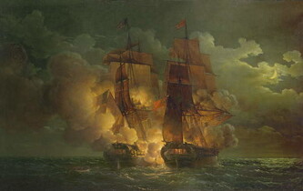 Obrazová reprodukce Battle Between the French Frigate 'Arethuse' and the English Frigate 'Amelia', Louis Philippe Crepin, 40 × 26.7 cm
