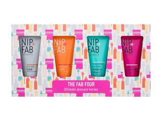 NIP+FAB The Fab Four pleťový peeling Exfoliate Glycolic Fix Scrub 20 ml + pleťové sérum Illuminate Vitamin C Fix Serum 20 ml + pleťový gel-krém Hydrate Hyaluronic Fix Extreme Hybrid Gel Cream 2% 20 ml + pleťová maska Purify Salicylic Fix Clay Mask 20 ml