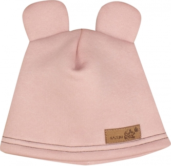 Teplá dětská čepice Kazum, bavlněná s oušky, pudrová; 56/62 (0-3m)