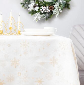 Vánoční ubrus na stůl | GOLD SNOW | ve zlatých sněhových vločkách bílá | 130x180 cm | 978795