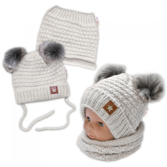 Zimní pletená čepice Star s fleecem a chlupáčkové bambulky+komínek 2D sada, béžový melírek; 98-104 (2-4r)