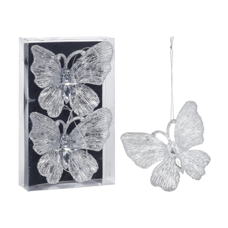 Třpytivý motýl stříbrný - závěsná dekorace (balení 2 ks)