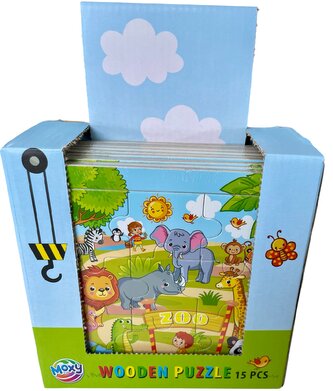 Dřevěné puzzle, 9 dílků, 15x15cm 15ks v boxu, 5 motivů cena za kus