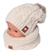 Zimní dvouvrstvá čepice s bambulí + komínek Love, béžová; 104/110 (3-5r)