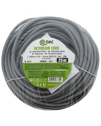 Prodlužovací přívod šedý 1 zásuvka, 25m, Q-411F QTEC