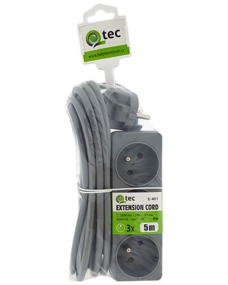 Prodlužovací přívod šedý 3 zásuvky, 5m, Q-401F QTEC