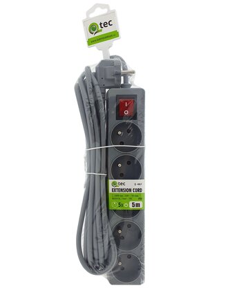 Prodlužovací přívod šedý 5 zásuvek s vypínačem, 5m, Q-406F QTEC