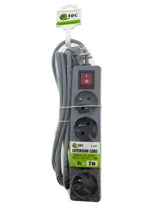 Prodlužovací přívod šedý 4 zásuvky s vypínačem, 2m, Q-393F QTEC