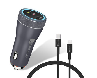 CONNECT IT InCarz DUPLEX nabíječka do auta, 2x USB-C, 1x Lightning,  ANTRACITOVÁ