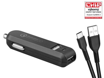 Nabíječka  do auta CarMAX 2x Qualcomm Quick Charge 2.0, černá barva (USB-C kabel)
