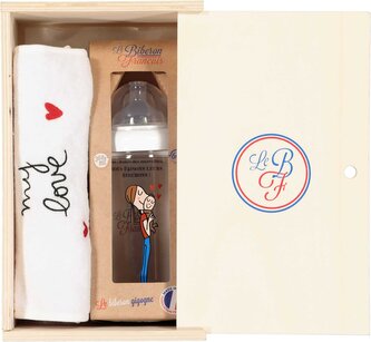 DARČEKOVÝ DREVENÝ BOX LE BIBERON FRANCAIS S PODBRADNÍKOM MY LOVE A DOJČENSKOU FĽAŠOU MOTHER BABY, 360ML, 6+M