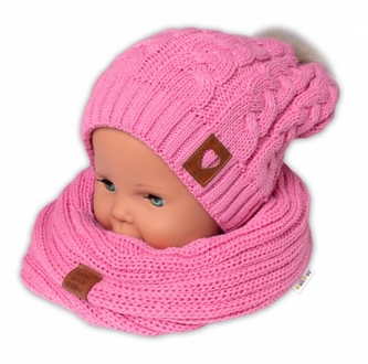 Zimní dvouvrstvá čepice s bambulí + komínek Love, růžová; 104/110 (3-5r)