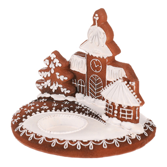 Svícen perníkový s kostelíkem - polyresin, hnědo - bílý.