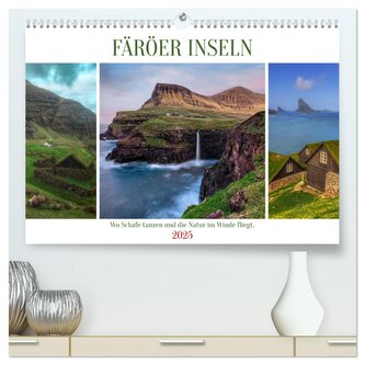 Färöer Inseln - Wo Schafe tanzen und die Natur im Winde fliegt (hochwertiger Premium Wandkalender 2025 DIN A2 quer), Kunstdruck