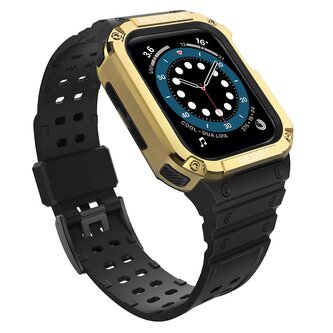 Protect Strap Band opaska z etui do Apple Watch 7 / 6 / 5 / 4 / 3 / 2 / SE (45 / 44 / 42mm) obudowa pancerny pokrowiec na zegarek czarny / złoty